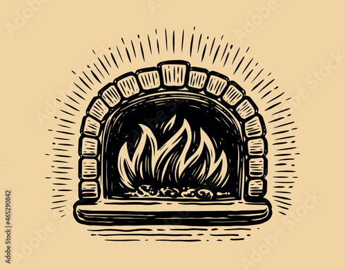 Brick pizza oven with fire. Bakery sketch vintage vector illustration
