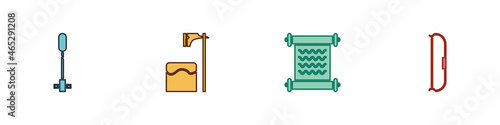 Set Torch flame, Executioner axe in tree block, Decree, parchment, scroll and Medieval bow icon. Vector