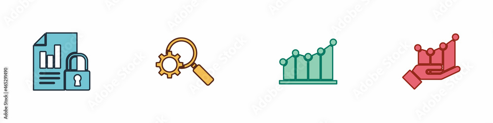Set Document and lock, Magnifying glass gear, Pie chart infographic and icon. Vector Set Document and lock, Magnifying glass gear, Pie chart infographic and icon. Vector