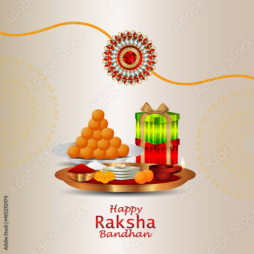 Creative illustartion for indian festival happy raksha bandhan celebration background with creative gifts and pooja thali