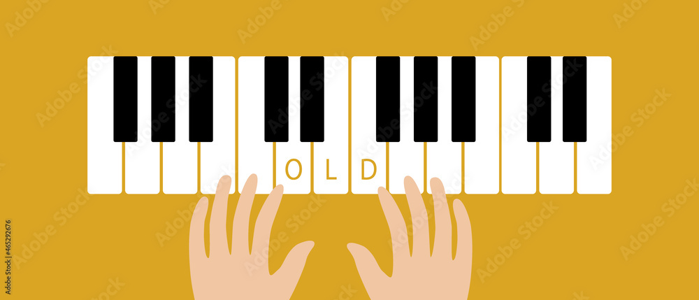 Fototapeta premium Old Hands on Piano Keys, Elderly Hobby, Flat Vector Stock Illustration with Hands of Elderly Musician as Music Class Concept