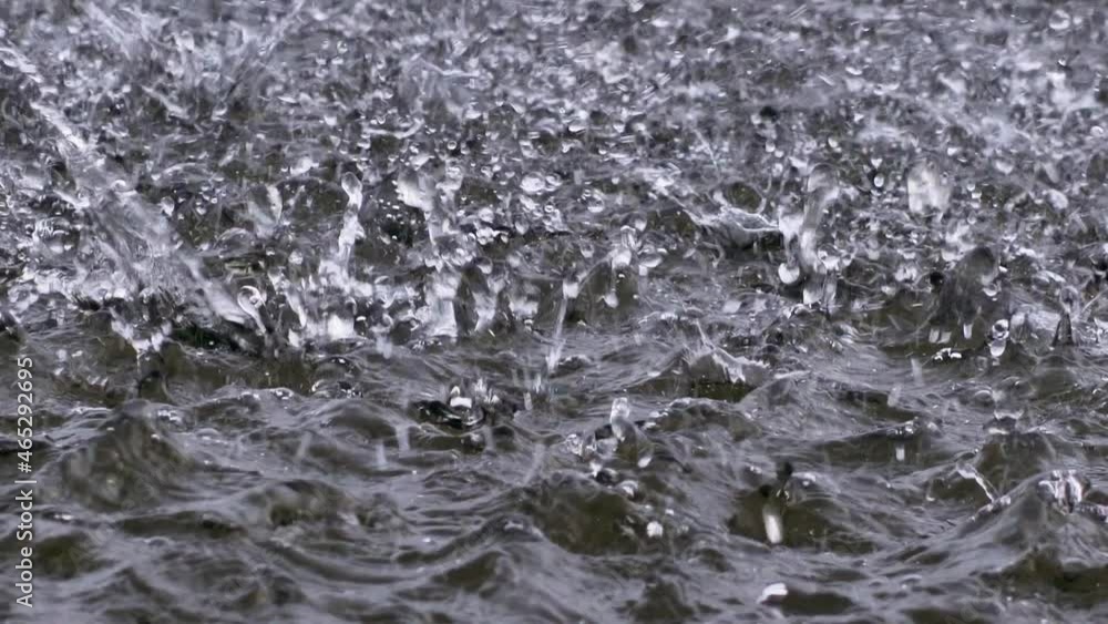 A storm with raindrops falls into the water. Flooded streets with water A storm with raindrops falls into the water. Flooded streets with water