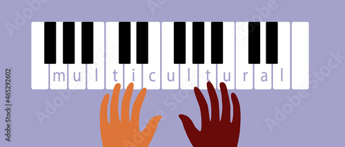 Multicultural Hands on Piano Keys, Multicultural Class, Flat Vector Stock Illustration with African Musician Hands as Multicultural Music Concept