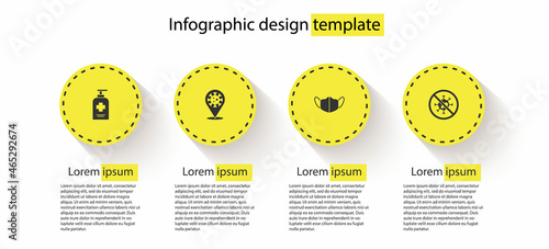 Set Liquid antibacterial soap, Corona virus 2019-nCoV on location, Medical protective mask and Stop. Business infographic template. Vector