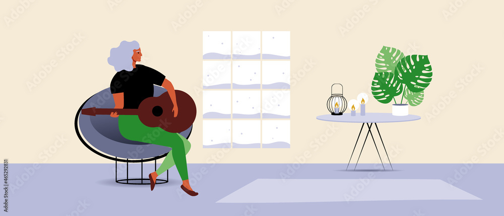 Naklejka premium Woman playing guitar, hygge home in winter, flat vector stock illustration with winter interior, snowfall and person with guitar as a hobby as relax