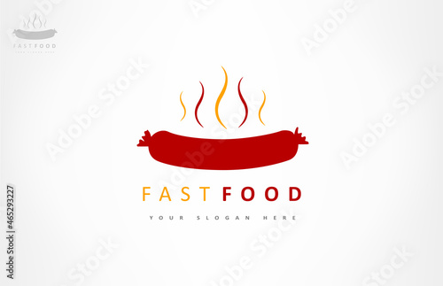 Hotdog design logo. Fast food sausage logo vector. 