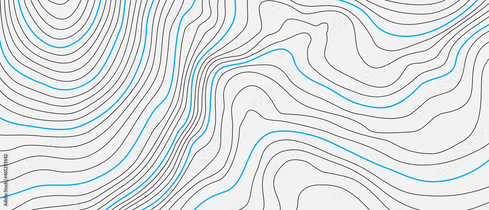The black and blue on white contours vector topography stylized height of the lines. The concept of a conditional geography scheme and the terrain path.  Map on land vector terrain Illustration.