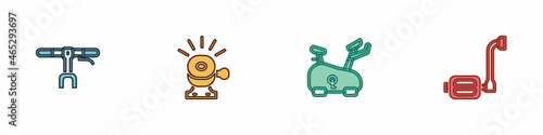 Set Bicycle handlebar, bell, Stationary bicycle and pedal icon. Vector