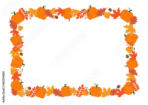 Rectangular Autumn frame. Pumpkins, leaves, berries and acorns. Background for autumn decorative design