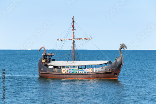 Viking ship sailing on the sea in Międzyzdroje