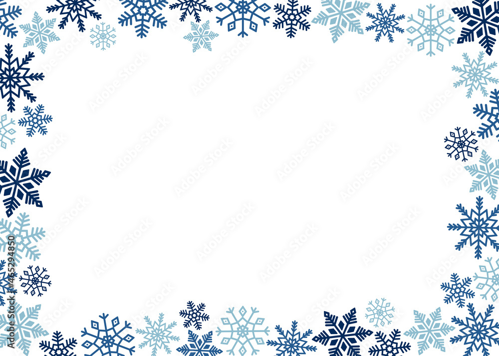 Horizontal frame of blue snowflakes. Ice crystal winter symbol. Template for winter design. Horizontal frame of blue snowflakes. Ice crystal winter symbol. Template for winter design.