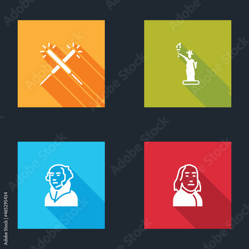 Set Sparkler firework, Statue of Liberty, George Washington and Benjamin Franklin icon. Vector