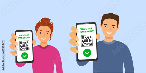 Man and woman with qr code, vaccine passport on smartphone screen in hand