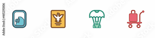 Set Airplane window, Passport, Parachute and Trolley baggage icon. Vector