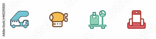 Set Passenger ladder, Airship, Scale with suitcase and Metal detector in airport icon. Vector