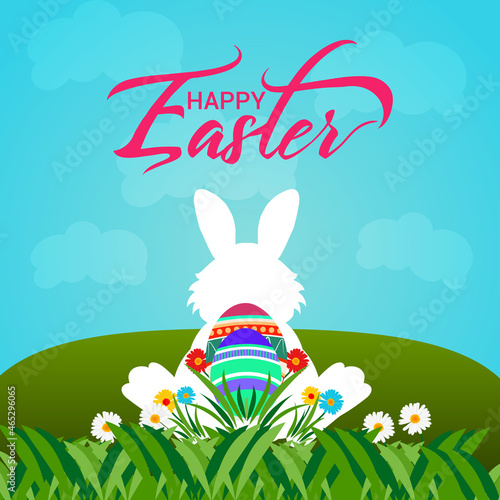 Happy easter day celebration background with creative colorful egg and bunny