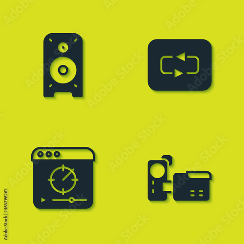 Set Stereo speaker, Cinema camera, Online play video and Repeat button icon. Vector