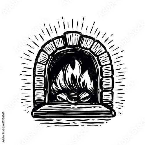Stone wood burning stove with open fire. Hand drawn fireplace vector illustration