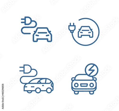 Electric car icon set. Electrical automobile cable contour and plug charging black symbol. Eco friendly electro auto vehicle concept. Vector electricity illustration