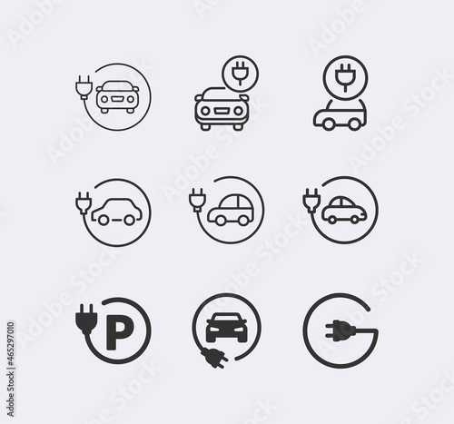 Electric car icon set. Electrical automobile cable contour and plug charging black symbol. Eco friendly electro auto vehicle concept. Vector electricity illustration