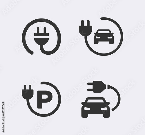 Electric car icon set. Electrical automobile cable contour and plug charging black symbol. Eco friendly electro auto vehicle concept. Vector electricity illustration photo