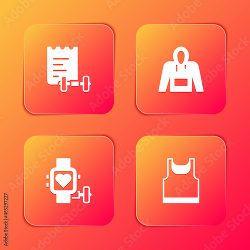 Set Sport training program, Hoodie, Smart watch with heart and Sleeveless t-shirt icon. Vector