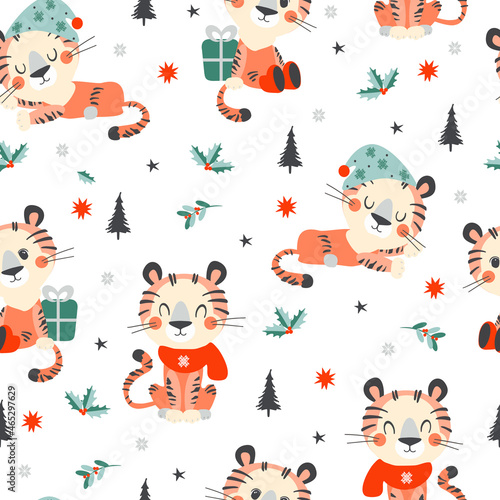 Cute tiger cub on a seamless pattern. Festive New Year's pattern for different types of printing.
