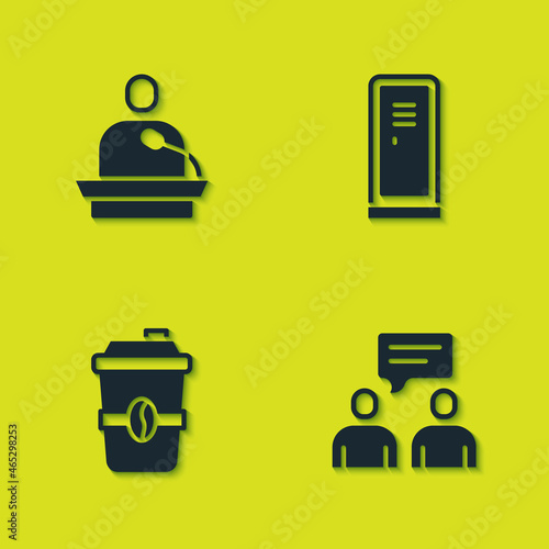 Set Gives lecture, Two sitting men talking, Coffee cup to go and Locker or changing room icon. Vector