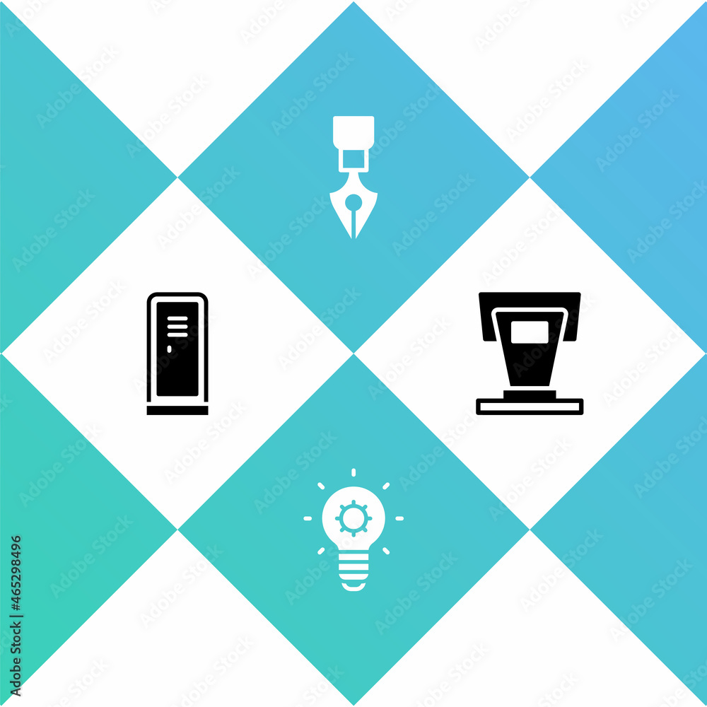 Set Locker or changing room, Light bulb, Fountain pen nib and Stage stand icon. Vector Set Locker or changing room, Light bulb, Fountain pen nib and Stage stand icon. Vector