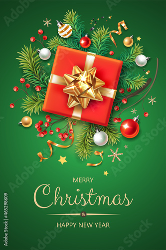 Vertical banner with Christmas symbols and text. Christmas tree, gifts, balls, decoration and other festive elements on green background.