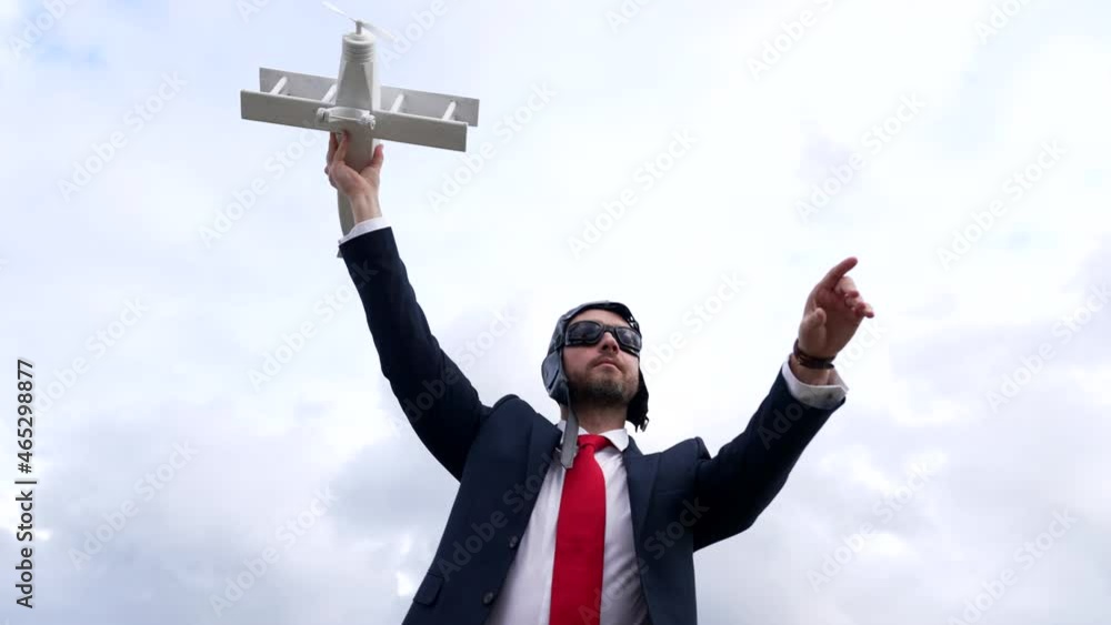 bearded guy in pilot costume with plane ready to fly, business idea bearded guy in pilot costume with plane ready to fly, business idea