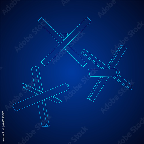 Hedgehog antitank defence. Wireframe low poly mesh vector illustration.