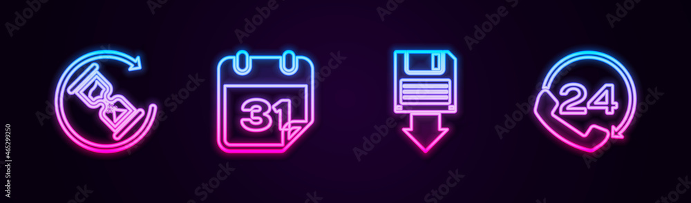 Set line Waiting, Calendar, Floppy disk backup and Telephone 24 hours support. Glowing neon icon. Vector Set line Waiting, Calendar, Floppy disk backup and Telephone 24 hours support. Glowing neon icon. Vector