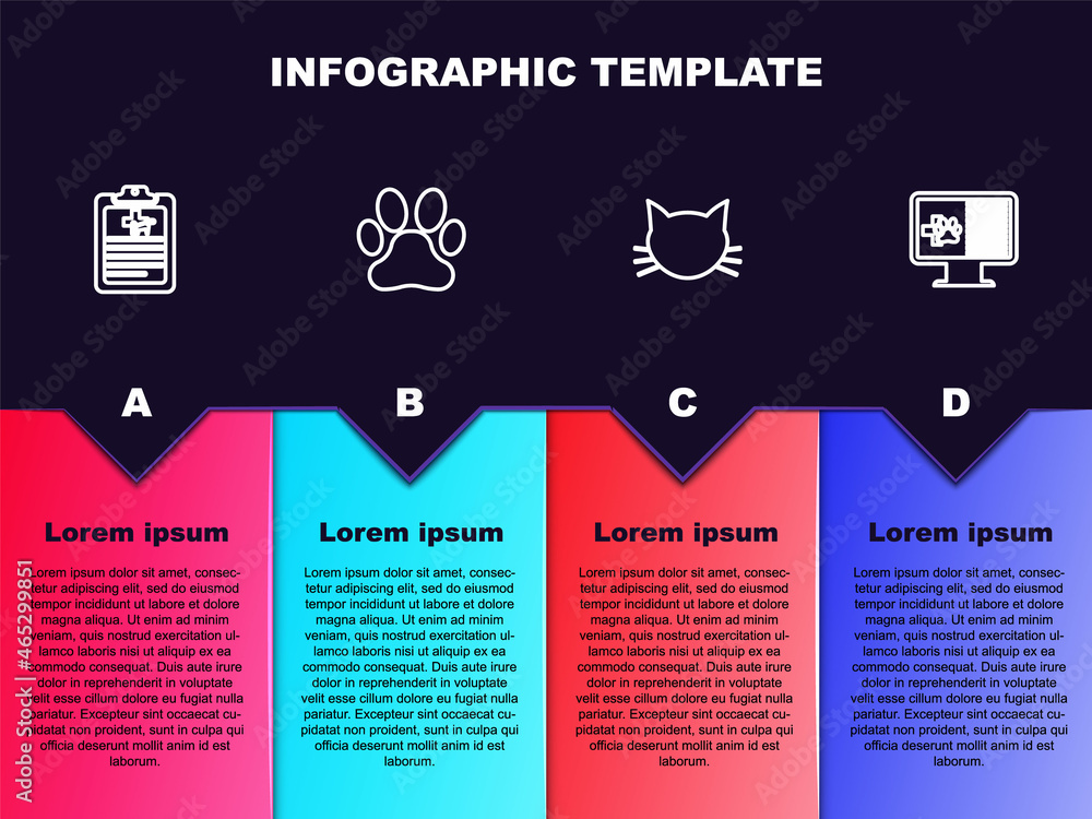 Set line Clinical record pet, Paw print, Cat and on monitor. Business infographic template. Vector Set line Clinical record pet, Paw print, Cat and on monitor. Business infographic template. Vector