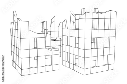 Destroyed building ruin and concrete, war destruction concept. Wireframe low poly mesh vector illustration.