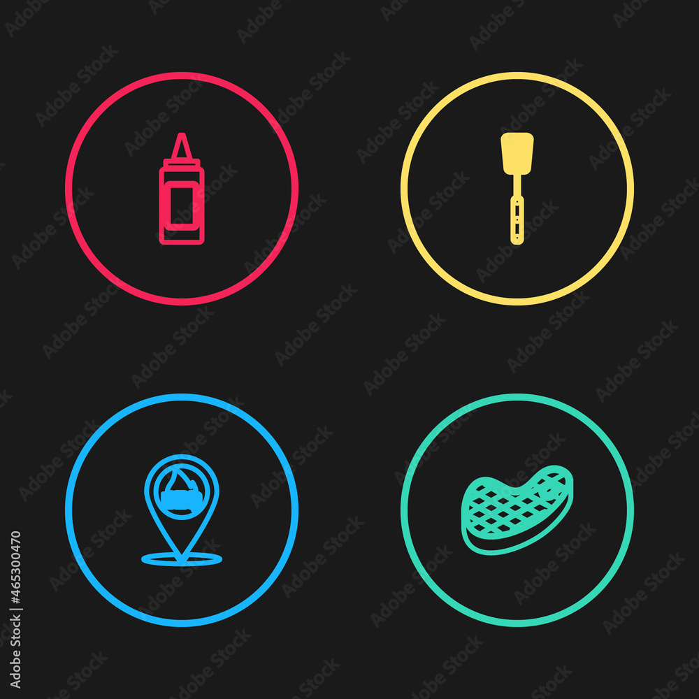 Set line Location with barbecue, Steak meat, Barbecue spatula and Mustard bottle icon. Vector