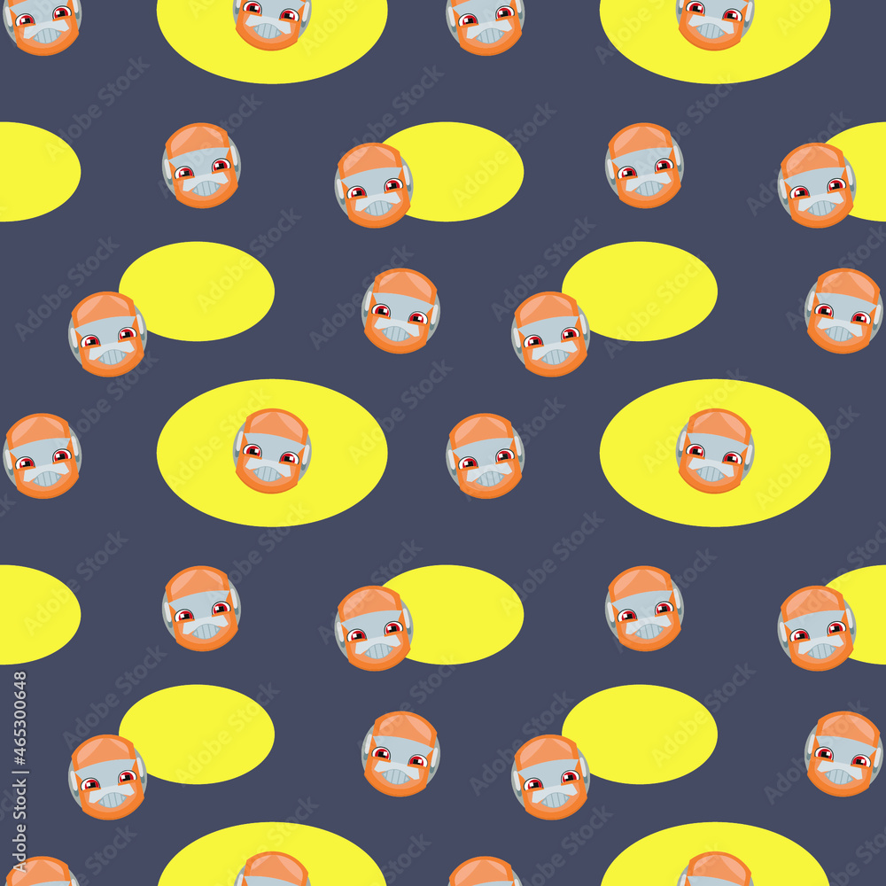 Dark gray with orange smiling robot with yellow elements seamless vector pattern