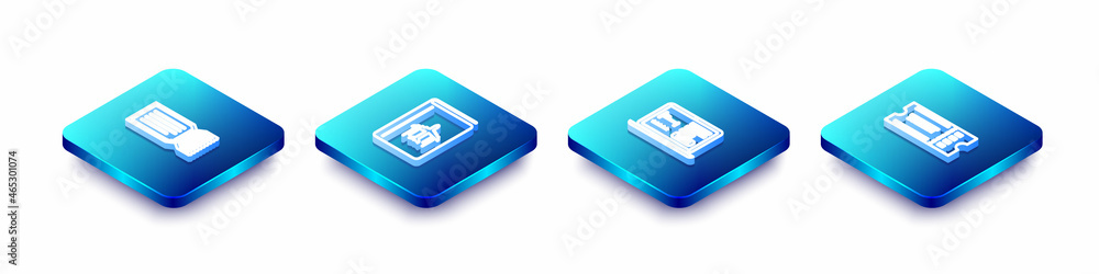 Set Isometric line Ticket, Cover book travel guide, Online hotel booking and icon. Vector Set Isometric line Ticket, Cover book travel guide, Online hotel booking and icon. Vector
