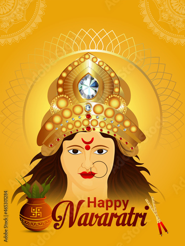Happy navratri celebration greeting card with creative illustration of goddess durga nad kalash