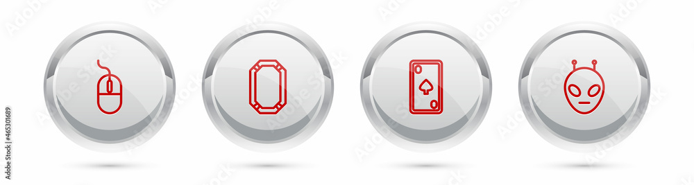 Set line Computer mouse, Poker table, Playing card with diamonds and Alien. Silver circle button. Vector Set line Computer mouse, Poker table, Playing card with diamonds and Alien. Silver circle button. Vector