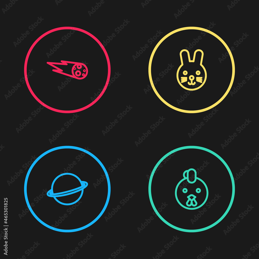 Set line Planet Saturn, Rooster zodiac, Rabbit and Comet falling down fast icon. Vector Set line Planet Saturn, Rooster zodiac, Rabbit and Comet falling down fast icon. Vector