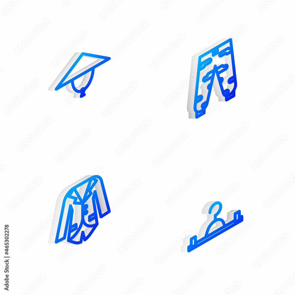 Set Isometric line Camouflage cargo pants, Asian conical hat, Blazer or jacket and Hanger wardrobe icon. Vector