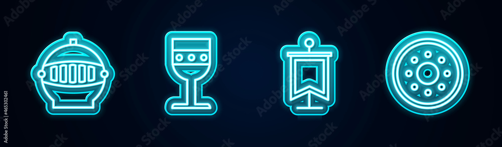 Set line Medieval iron helmet, goblet, flag and Round wooden shield. Glowing neon icon. Vector Set line Medieval iron helmet, goblet, flag and Round wooden shield. Glowing neon icon. Vector