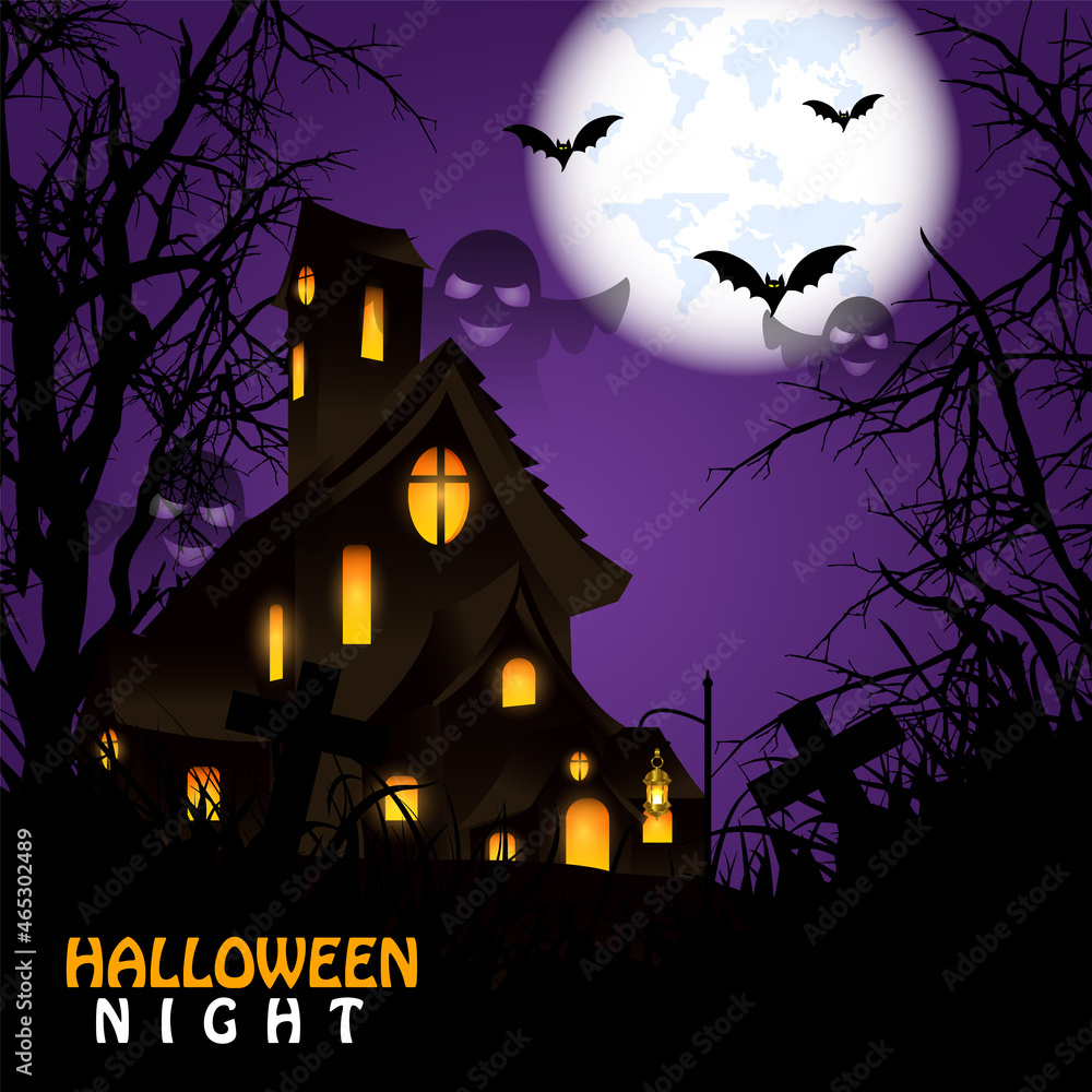Halloween night background with a cemetery and haunted house and full moon with bats on purple background