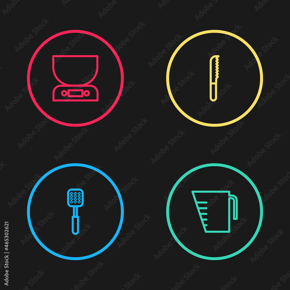Set line Spatula, Measuring cup, Bread knife and Electronic scales icon. Vector Set line Spatula, Measuring cup, Bread knife and Electronic scales icon. Vector