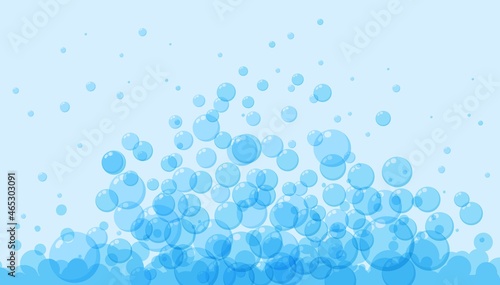 Soap bubbles in cartoon style. A foam sample with blue round shapes. Vector illustration of a card with shampoo or drinking foam. Simple soap background. Oxygen circles fly up