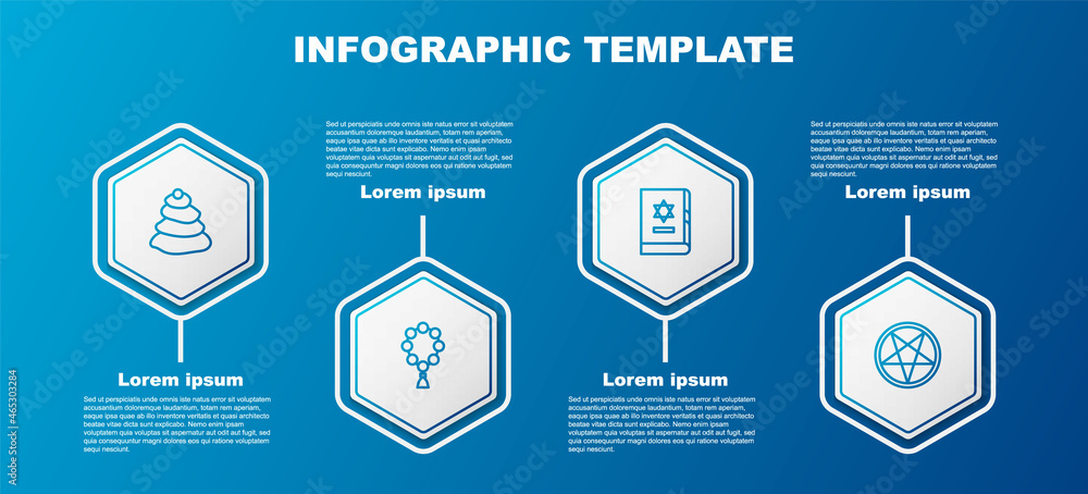 Set line Stack hot stones, Rosary beads religion, Jewish torah book and Pentagram in circle. Business infographic template. Vector Set line Stack hot stones, Rosary beads religion, Jewish torah book and Pentagram in circle. Business infographic template. Vector