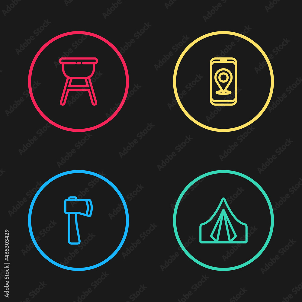 Set line Wooden axe, Tourist tent, City map navigation and Barbecue grill icon. Vector Set line Wooden axe, Tourist tent, City map navigation and Barbecue grill icon. Vector