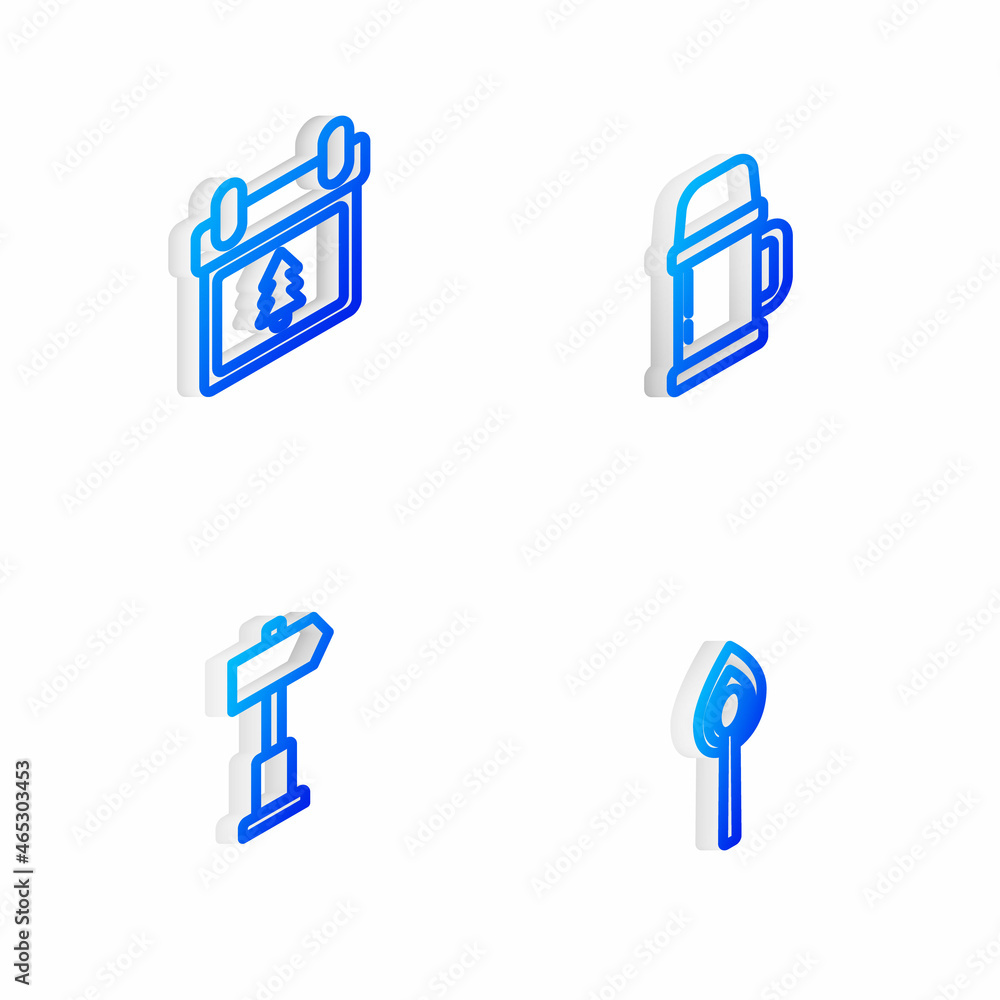 Set Isometric line Thermos container, Calendar with tree, Road traffic signpost and Burning match fire icon. Vector Set Isometric line Thermos container, Calendar with tree, Road traffic signpost and Burning match fire icon. Vector