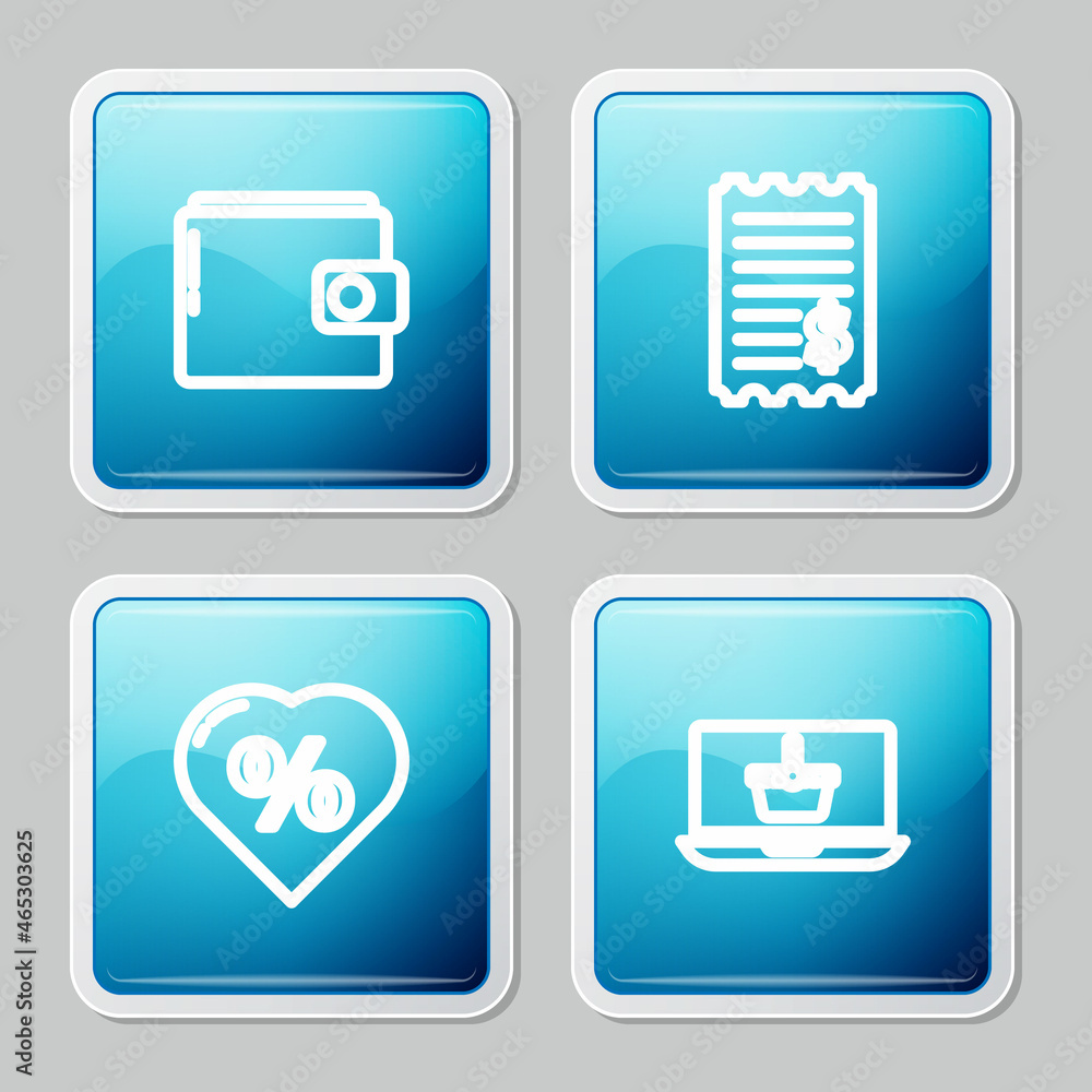 Set line Wallet, Paper check and financial check, Discount percent tag heart and Shopping basket on laptop icon. Vector Set line Wallet, Paper check and financial check, Discount percent tag heart and Shopping basket on laptop icon. Vector